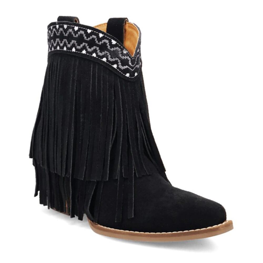 NEW Dingo Tapadero Black Suede Fringe Western Cowgirl Booties Round Toe‎ Boots